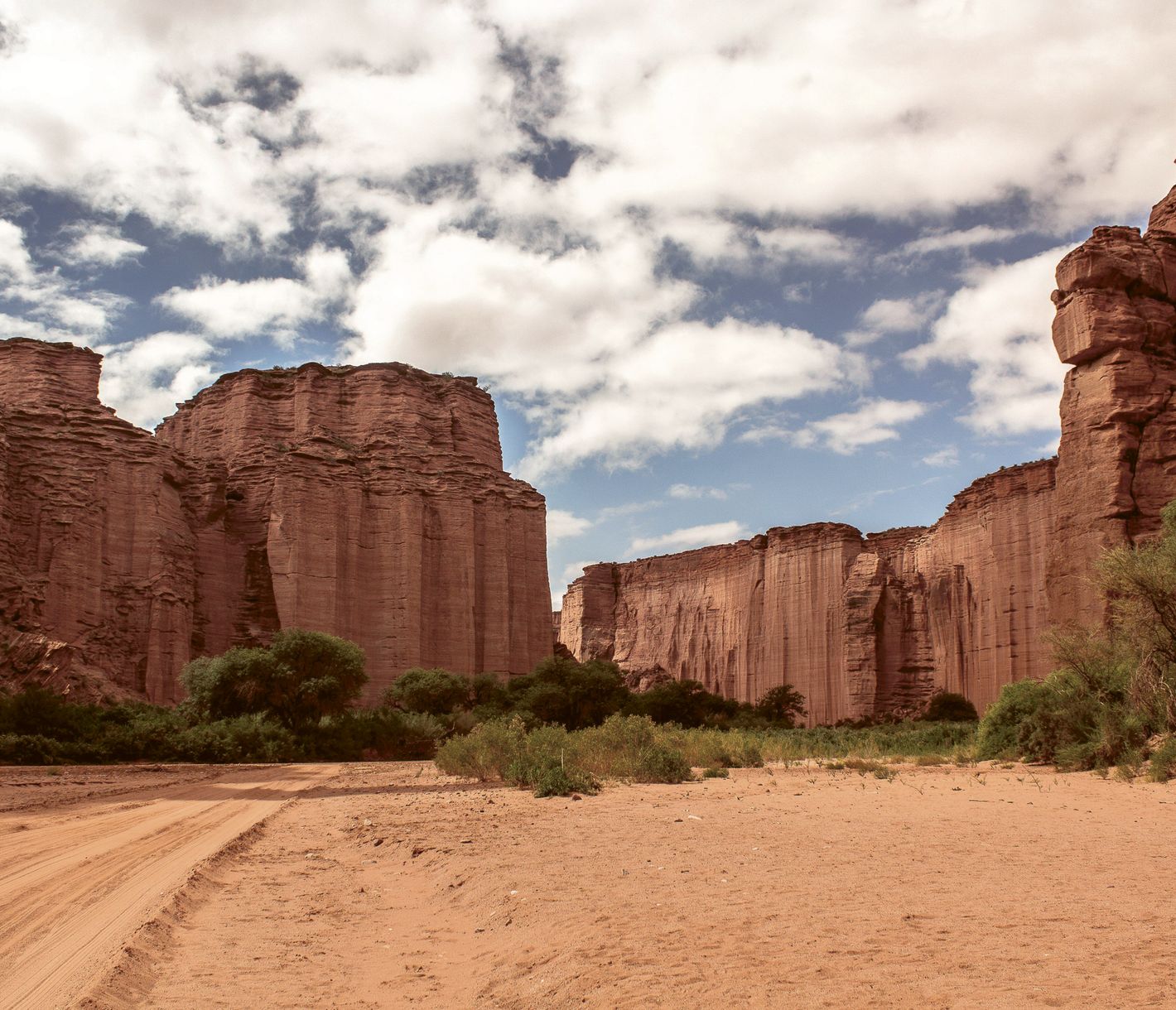 Rote Sandsteinfelsen ragen im Talampaya-Nationalpark senkrecht in die Höhe.
