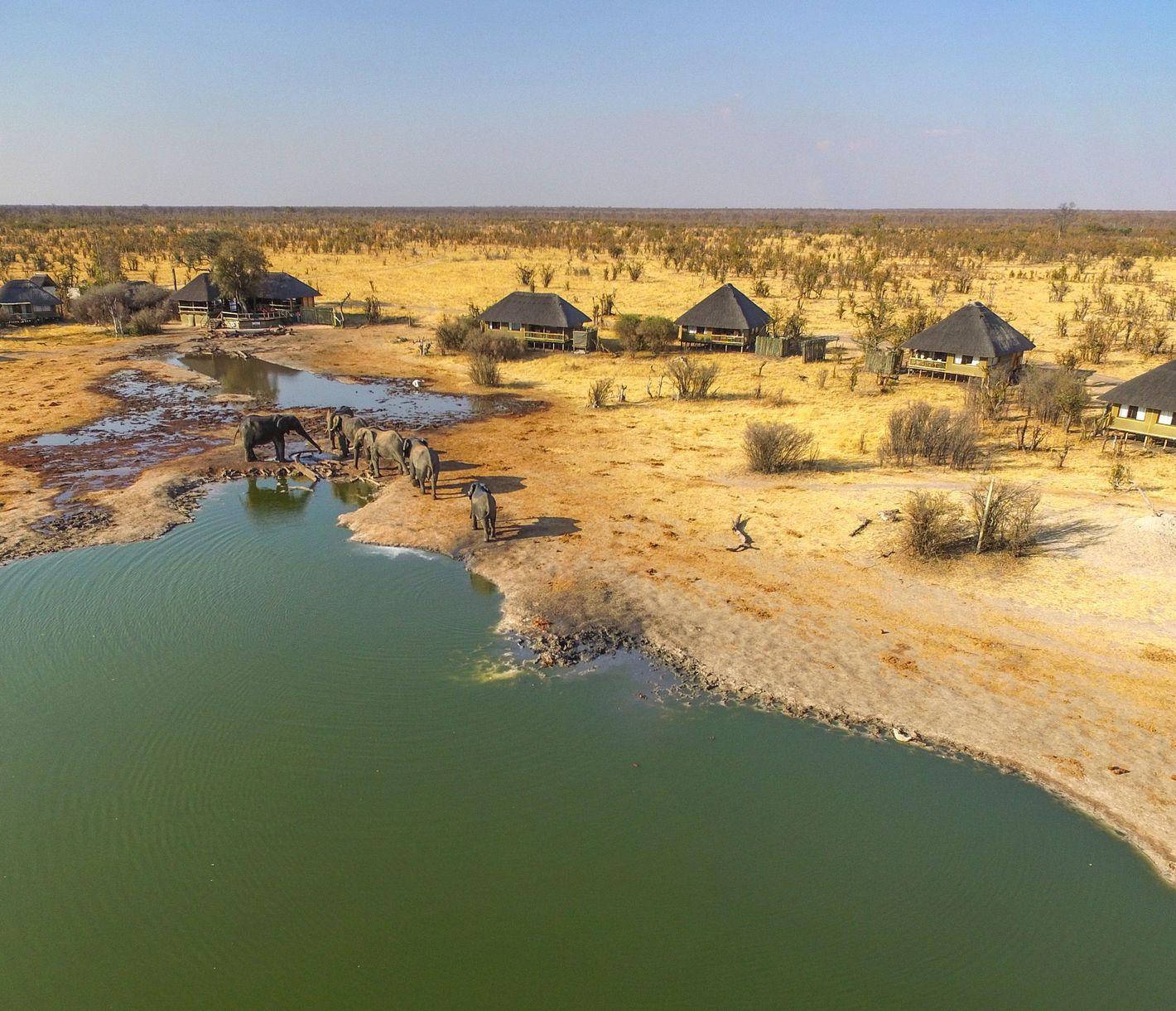 Camp aus der Luft mit Elefanten am Wasserloch