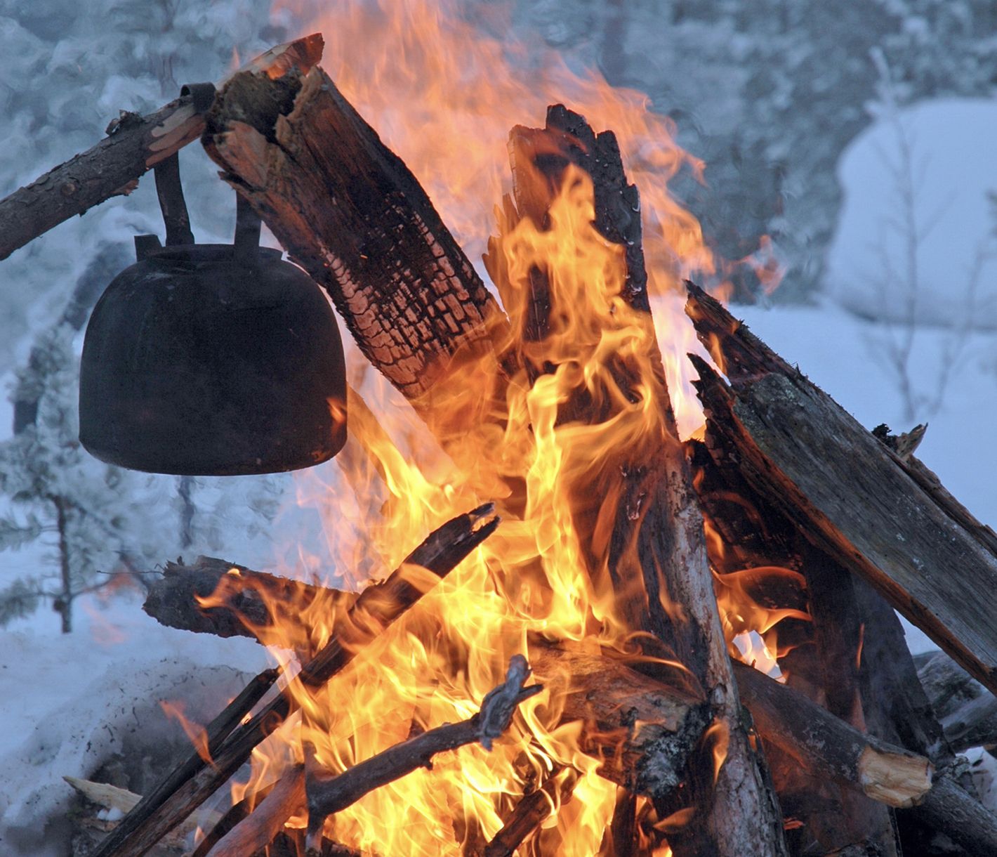 Ein offenes Feuer ist gleichzeitig Wärmespender und Kochgelegenheit in Lapplande