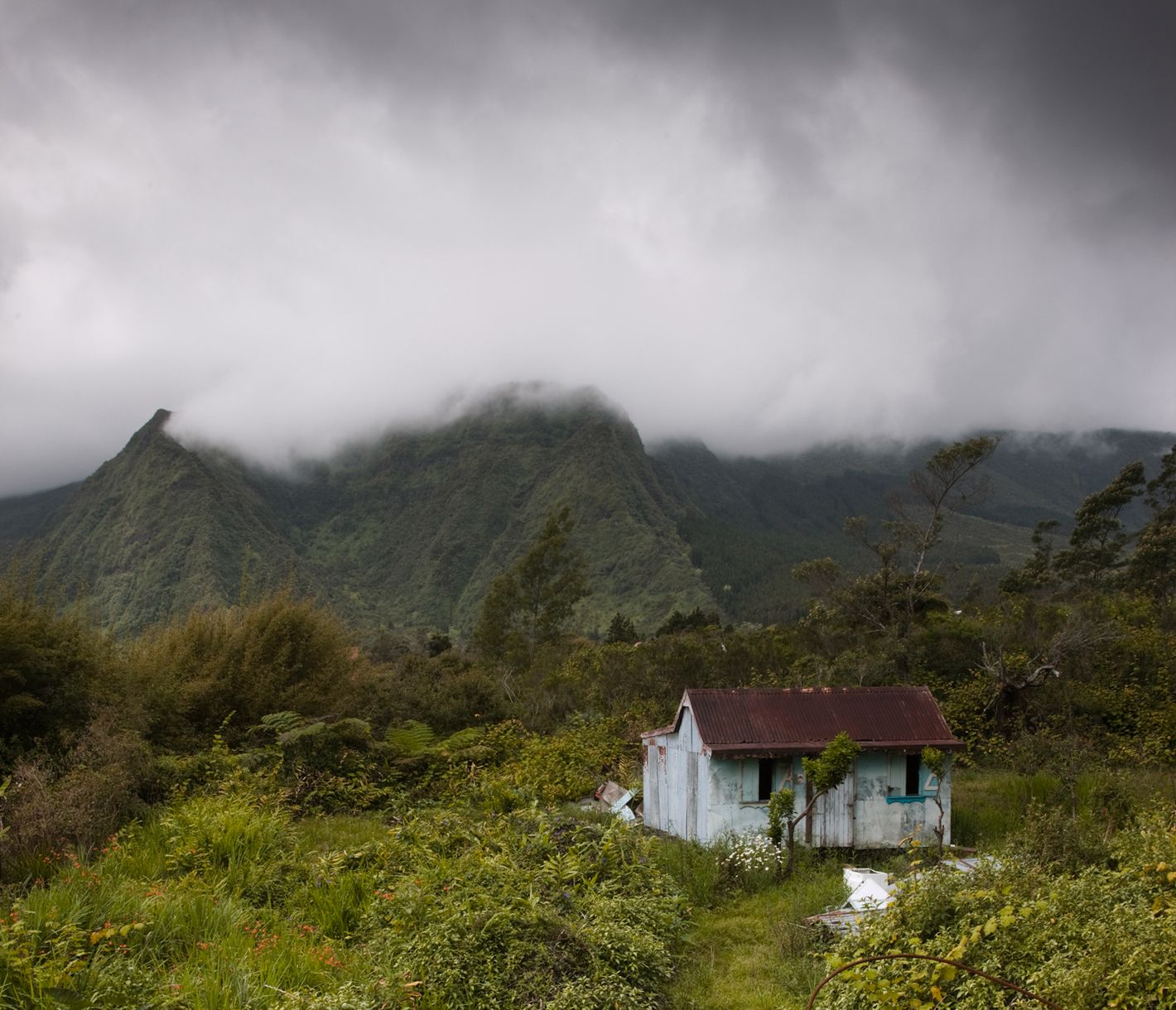 Kleine Hüte im kreolischen Stil inmitten von Grün auf der Hochebene von La Plaine des Palmistes