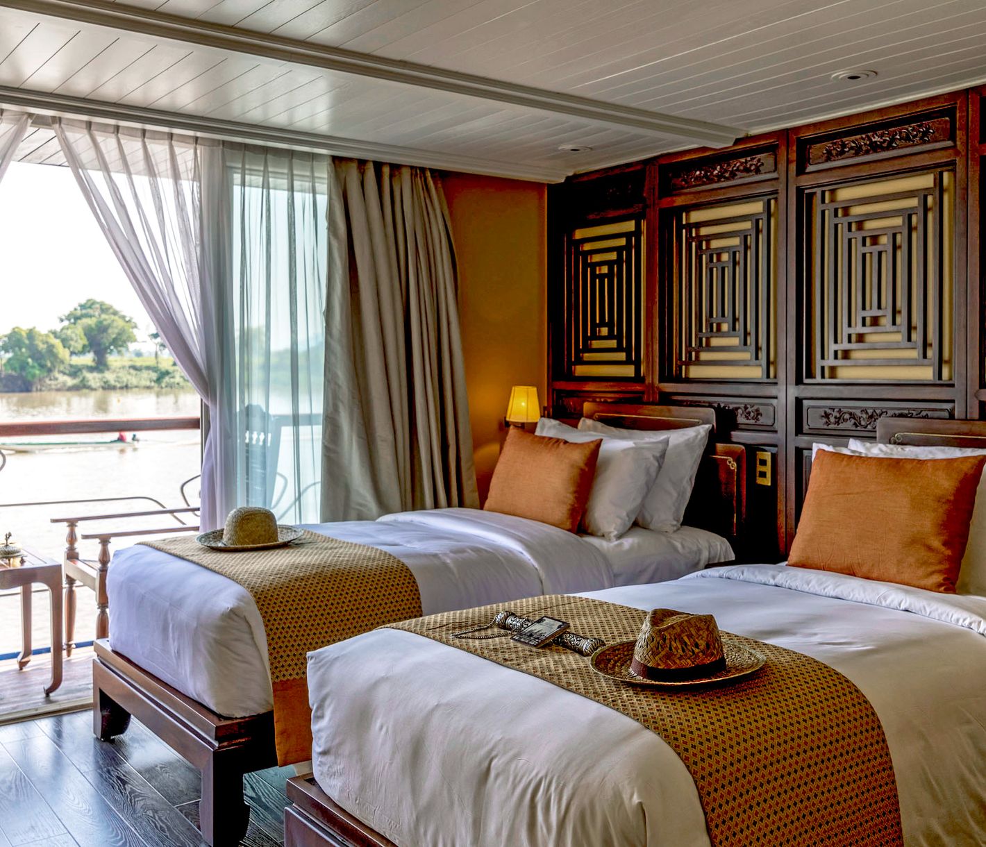 Beispiel einer Deluxe-Kabine auf der Jayavarman. Die Kabinen gibt es auch mit Doppelbetten.