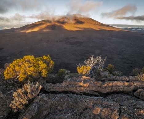 Der Piton de la Fournaise im Licht des Sonnenuntergangs