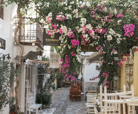 Gasse mit Restaurants und Geschäften in Skiathos