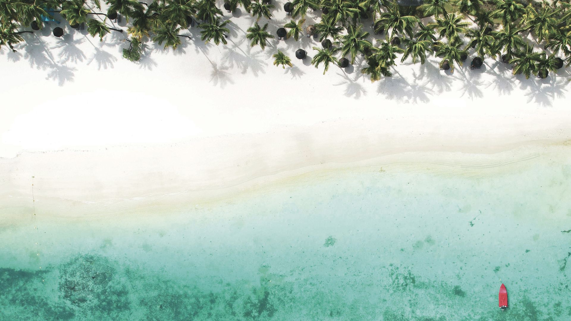 Blick von oben auf den weissen Sandstrand von Trou aux Biches im Nordwesten von Mauritius.