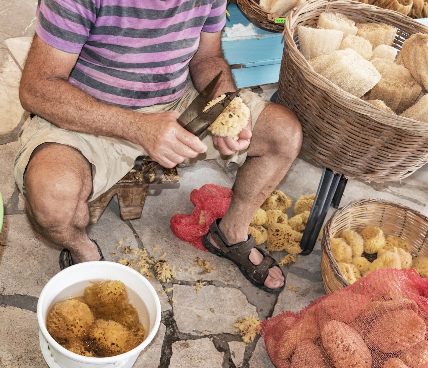 Die Schwämme werden für den Verkauf vorbereitet.