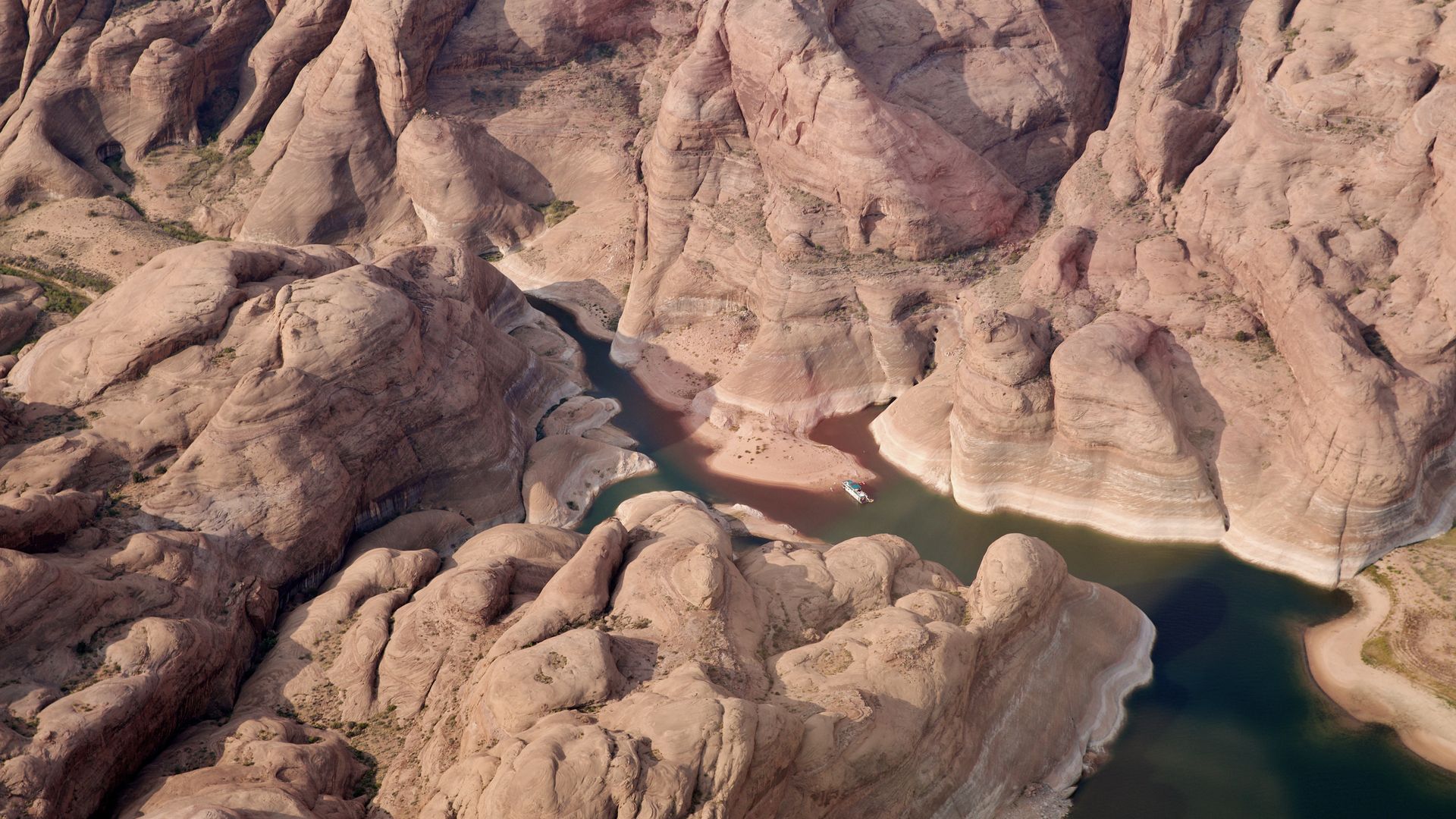 Die grünen Ausläufer des Colorado Rivers ziehen sich durch die roten Felsen des Canyonlands National Park.