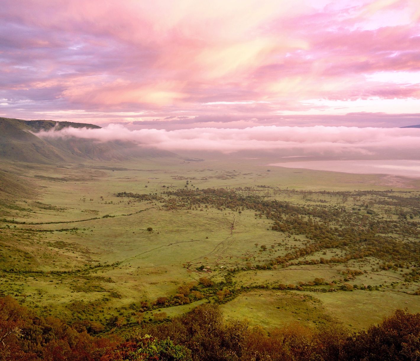 Morgenröte über dem Ngorongoro-Krater vom Kraterrand aus