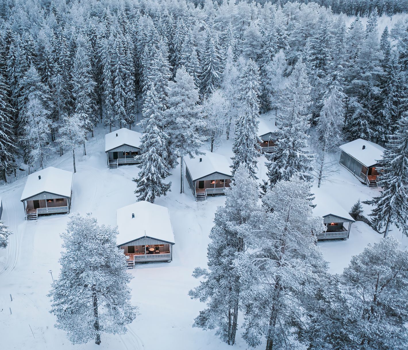 15 Hütten, umgeben von verschneiten Bäumen