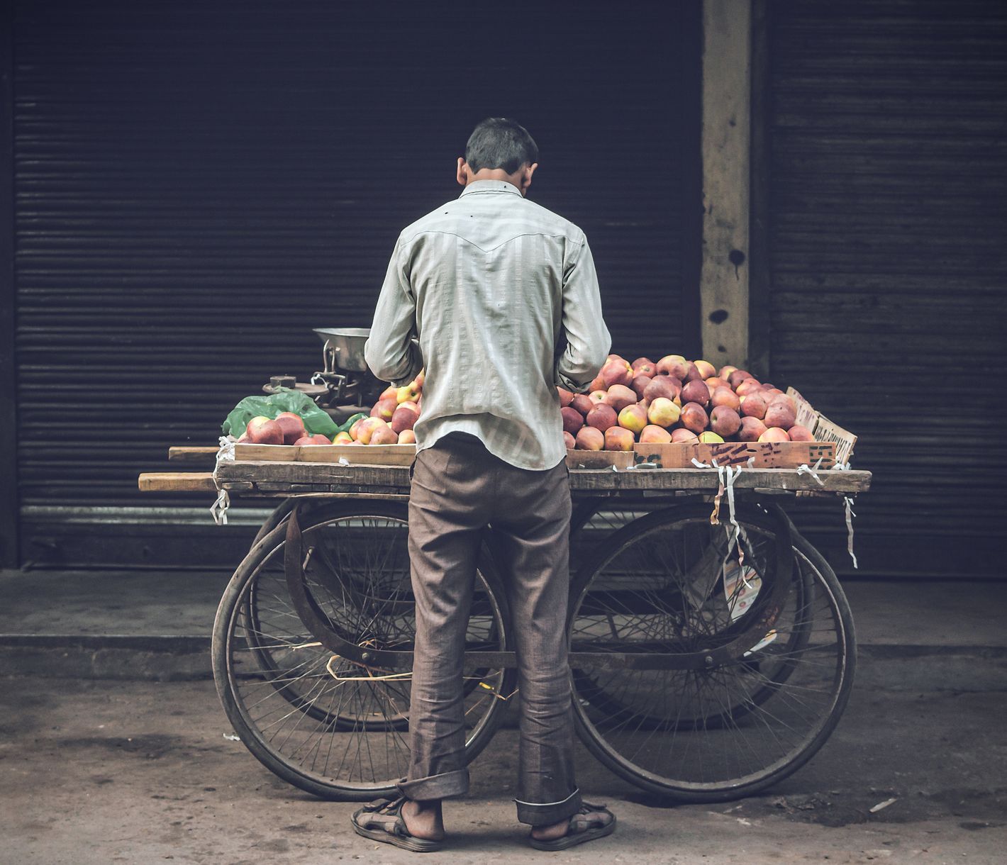 Früchteverkäufer in den Strassen von Chandni Chowk in Old Delhi