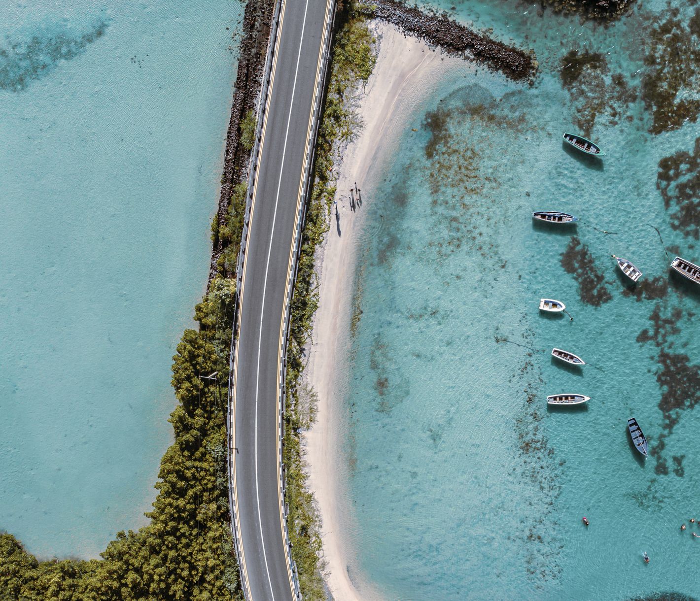 Türkis, Weiss, Grün: Die satten Farben der Küste werden durchzogen von einer Strasse.