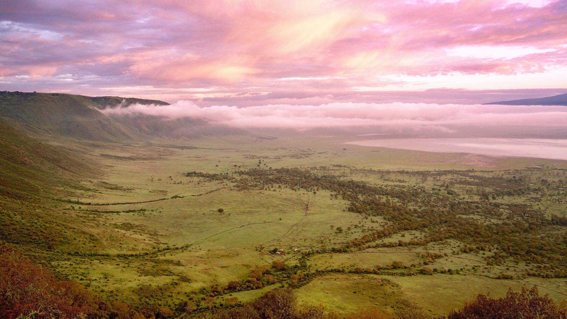 Morgenröte über dem Ngorongoro-Krater vom Kraterrand aus
