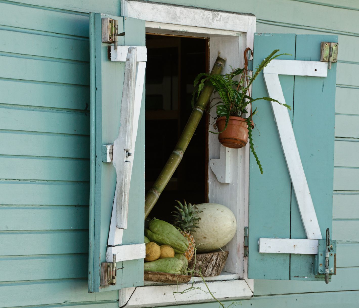 Früchte und Pflanzen am Fenster eines farbenfrohen kreolischen Hauses in Hellbourg