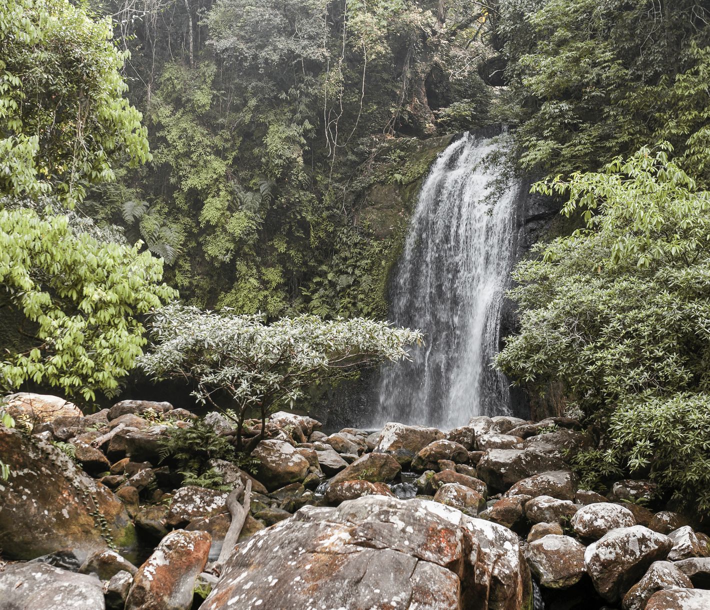 Der unscheinbare Nam-Kat-Wasserfall liegt idyllisch in unberührter Dschungel-Landschaft.