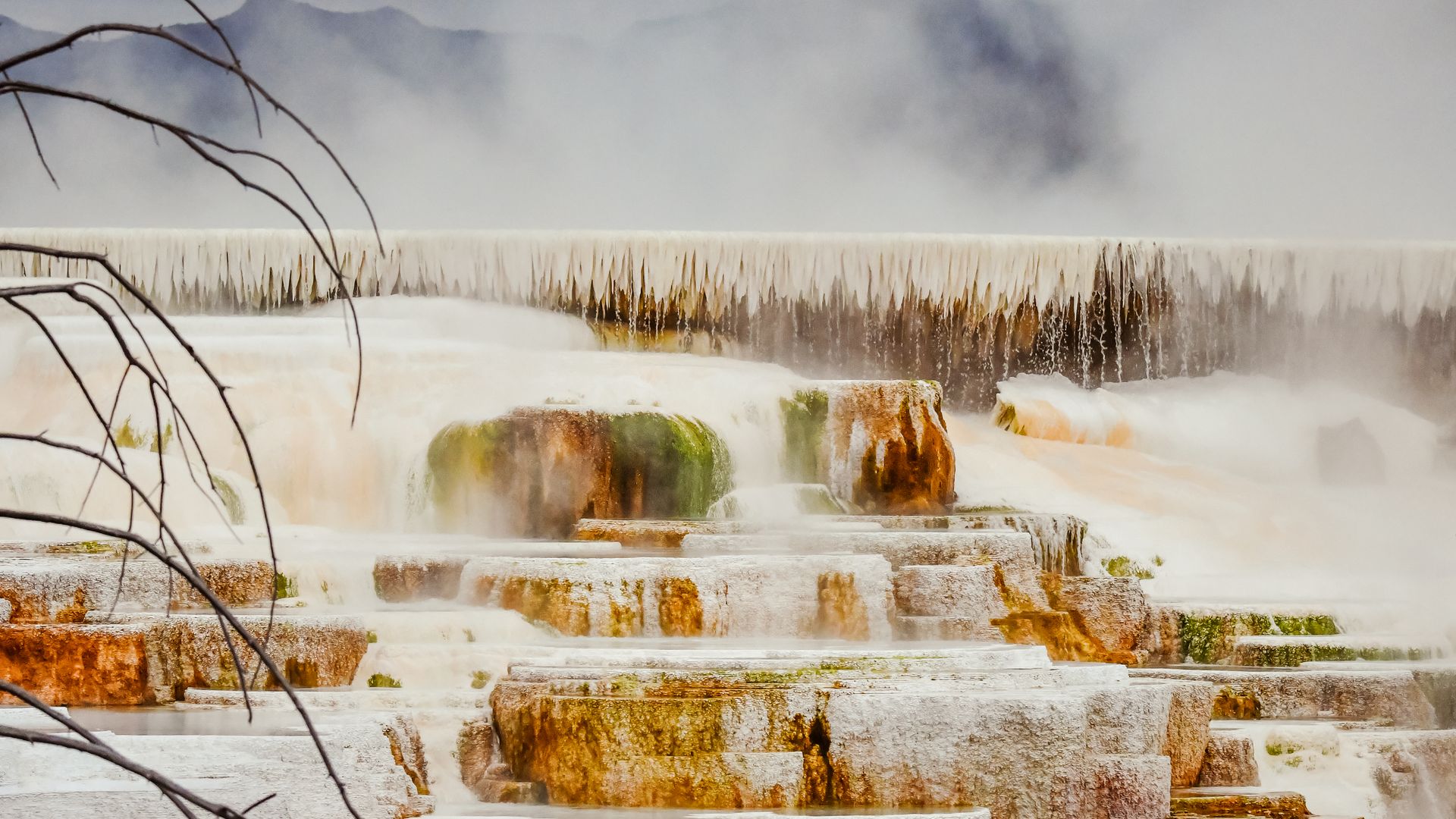 Les Mammoth Hot Springs, dans la partie nord du parc de Yellowstone, font penser à une grotte retournée de l’intérieur vers l’extérieur.