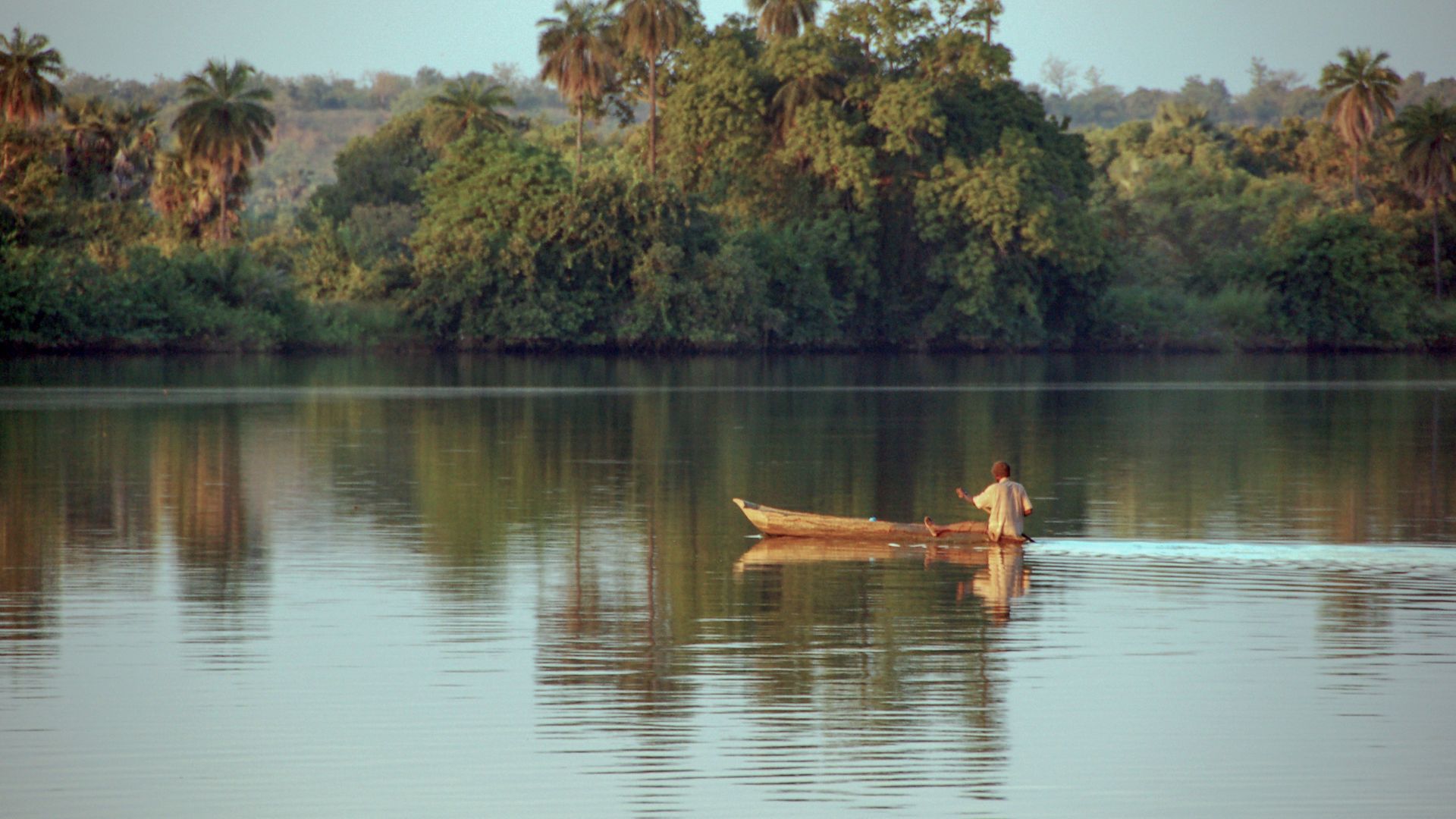 Idyllische Stimmung auf dem Fluss Gambia in der Nähe von Janjanbureh