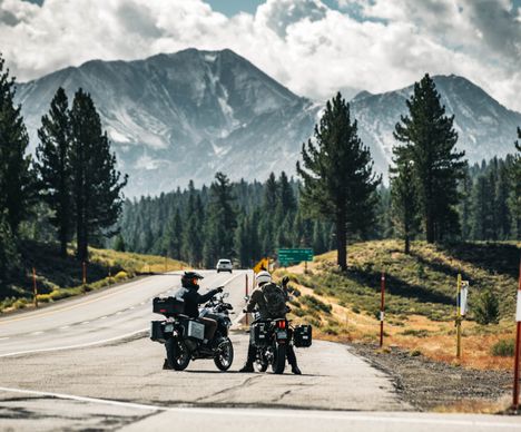 Biker im gebirgigen Inland des Pazifischen Nordwestens, die über ihre Route austauschen